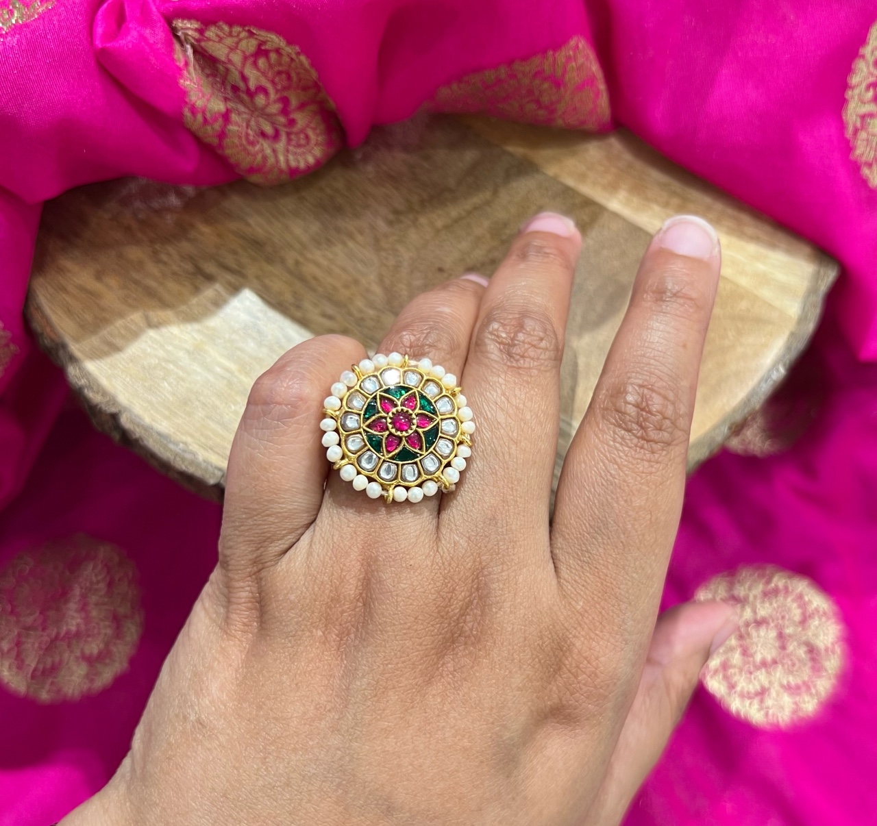 Rectangular stone antique gold finish kundan adjustable ring – Odara  Jewellery