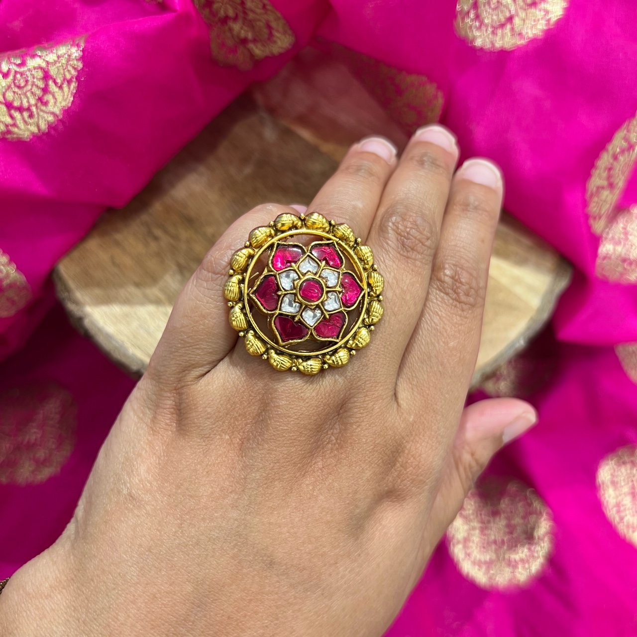 Gold Finished Navratan Kundan Ring By PTJ – Punjabi Traditional Jewellery